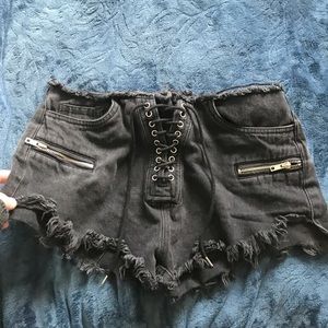 Black Denim Lace Up Cutoff Shorts